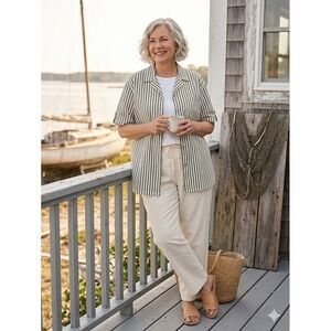 NWT Bobbie Brooks Green Stripe Button Down Womens 16/18 XL Short Sleeve Preppy